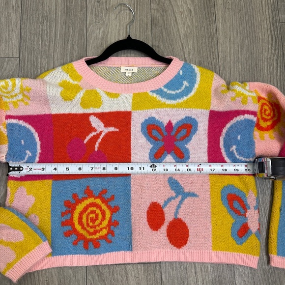 Patchwork Graphic Sweater Smiley Face Flower Dopamine Knit Size S - Picture 9 of 11